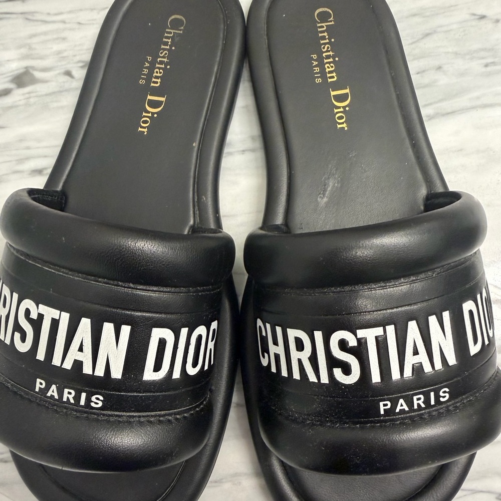 Dior Black Christian Dior Paris Logo Slide Sandals sz 36.5